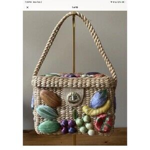 Bags By Patricia Vintage 70s Basket Purse Womens Small Straw Woven Box Fruit